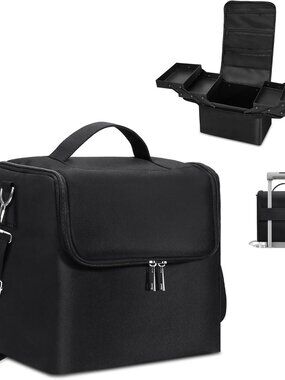 Large Makeup Carrying Train Case for Women, Black Travel Bag Storage Box,4 Tier